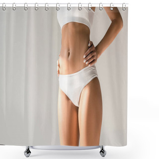 Personality  Cropped View Of Slim Woman In Underwear Posing With Hands On Hips Isolated On Grey Shower Curtains