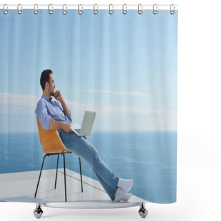 Personality  Man On Balcony With Computer Shower Curtains