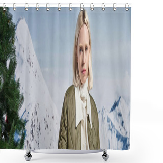 Personality  Beautiful Stylish Woman In Modish Warm Jacket With Mountain Backdrop, Winter Fashion, Banner Shower Curtains