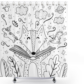 Personality  Magic In The Books Coloring Page With Cute Wolf Shower Curtains