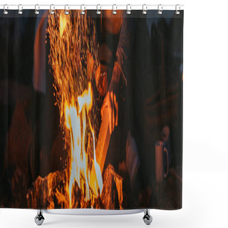 Personality  Panoramic Crop Of Man Putting Log In Bonfire Near Girl  Shower Curtains