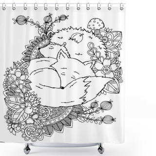 Personality  Vector Illustration Zentagl, Hedgehog And Fox Sleeping In The Flowers. Doodle Drawing. Meditative Exercises. Coloring Book Anti Stress For Adults  Children. Black White. Shower Curtains