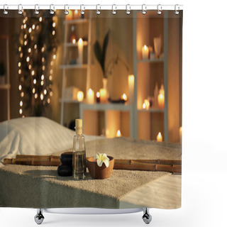 Personality  Massage Stones And Essential Oil On Table In Spa Salon Shower Curtains