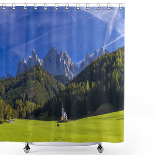 Personality  Beautiful Landscape Of Italian Dolomites Near Santa Magdalena, South Tyrol, Italy Shower Curtains