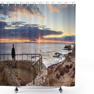 Personality  Lone Man Stands At Sunset In A Stone Overlook That Views Crystal Shower Curtains