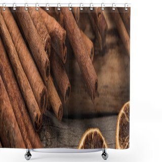 Personality  Cinnamon Sticks Near Dried Citrus Slices On Wooden Background, Panoramic Shot Shower Curtains