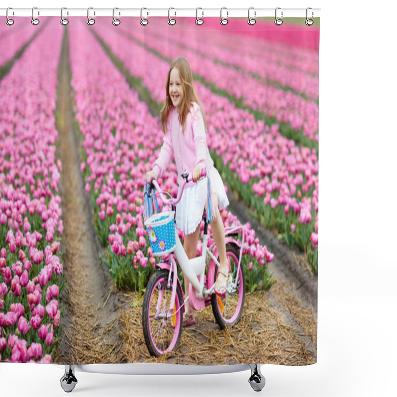 Personality  Child riding bike in tulip flower field during family spring vacation in Holland. Kid cycling in pink tulips. Little girl cycling in the Netherlands. European trip with kids. Travel with children. shower curtains