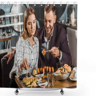Personality  Happy Smiling Young Adult Couple Eating Sushi Rolls In Restaurant  Shower Curtains