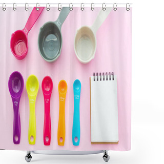 Personality  Set Of Sweet Pastel Measuring Spoons, Measuring Cups And Notepad On Pink Background In Top View Shot Shower Curtains