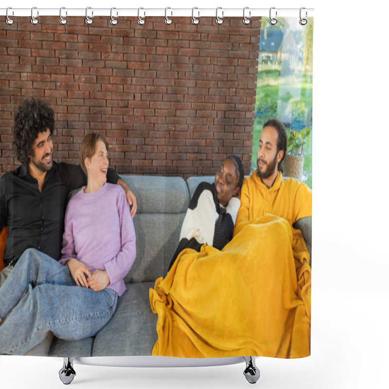 Personality  A Diverse Group Of Friends Shares A Warm, Intimate Moment On A Gray Couch, Draped With A Yellow Blanket, In A Living Room With A Brick Wall, Embodying Comfort, Friendship, And Relaxation In A Homey Shower Curtains