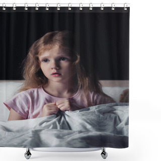 Personality  Frightened Kid Looking Away While Sitting On Bedding Isolated On Black Shower Curtains
