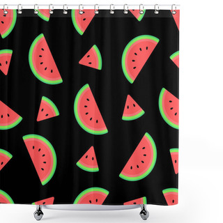 Personality  Watermelons Seamless Pattern On Black Background. Bright Summer 2020 Color Scheme. Funny Flat Cartoon Style. Shower Curtains