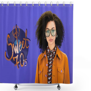 Personality  Stylish African American Woman In Brown Jacket Looking At Camera Isolated On Purple With Sweet 70s Illustration Shower Curtains