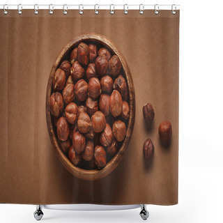 Personality  Top View Of In Wooden Bowl On Hazelnuts Brown Background Shower Curtains