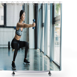 Personality  Happy Young Sportswoman Holding Dumbbells And Doing Squat Exercise  Shower Curtains