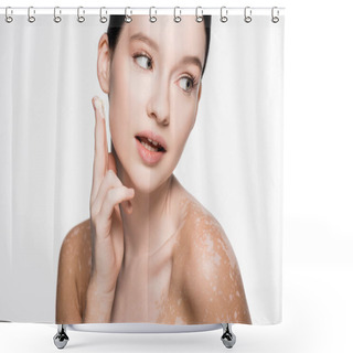 Personality  Young Beautiful Woman With Vitiligo Applying Cosmetic Cream Isolated On White Shower Curtains