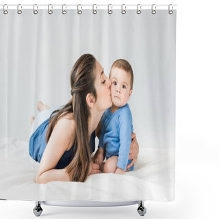 Personality  Young Mother With Child Lying On Bed Shower Curtains