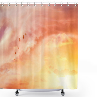 Personality  Surreal Enigmatic Picture Of Flying Birds In Sunset Or Sunrise Sky . Minimalism And Dream Concept. Shower Curtains