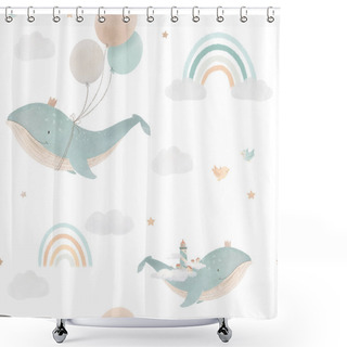Personality  Beautiful Children Seamless Pattern Contain Cute Hand Drawn Watercolor Flying Whales With Air Balloons Lighthouses Clouds And Rainbows. Stock Illustration. Shower Curtains