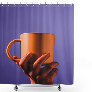 Personality  Partial View Of Coral Colored Female Hand With Coral Coffee Cup On Violet Background,  Color Of 2019 Concept Shower Curtains