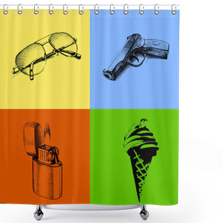Personality  Vector Colorful Background With Sunglasses, Handgun, Cigarette Lighter And Ice Cream In Sketch Style Shower Curtains