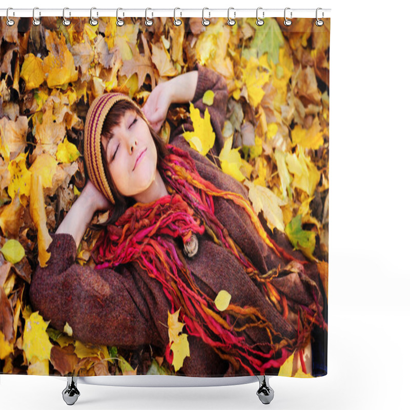 Personality  Girl Portrait Lying In Leaves. Shower Curtains