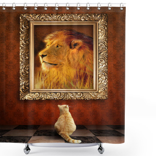 Personality  Cat Looking At A Portrait Of A Lion In A Golden Frame. Shower Curtains