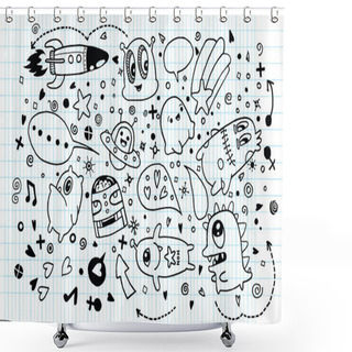 Personality  Hand Drawn Aliens And Monsters Cartoon Doodle Shower Curtains