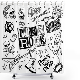 Personality  Punk Rock Set. Punks Not Dead Words And Design Elements. Vector Illustration. Shower Curtains