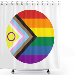 Personality  Circle Rainbow Icon With New Progress Pride Flag. Symbol Of LGBT Community. Vector Illustration. Flat Vector Button For Apps And Websites Shower Curtains
