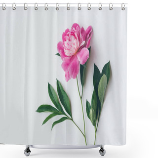 Personality  Top View Of One Pink Peony With Leaves Isolated On White Shower Curtains
