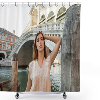 Personality  Redhead Woman Looking At Camera Near Wooden Piling And Rialto Bridge In Venice Shower Curtains