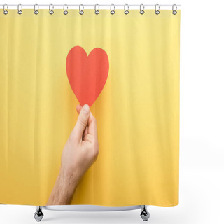Personality  Cropped View Of Man Holding Heart-shaped Card On Yellow Background  Shower Curtains