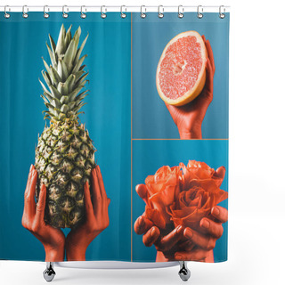 Personality  Collage With Fruits And Flowers In Coral Colored Female Hands On Blue Separated Background, Color Of 2019 Concept Shower Curtains