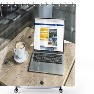 Personality  Cup Of Coffee And Laptop With Booking Website On Screen On Rustic Wooden Table At Cafe Shower Curtains