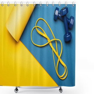Personality  Top View Of Blue Fitness Mat With Dumbbells And Resistance Band On Yellow Background Shower Curtains
