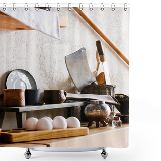 Personality  Selective Focus Of Clay Mugs Near Sharp Knifes, Cotton Napkins And Raw Eggs  Shower Curtains