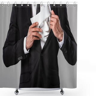 Personality  Partial View Of Businessman In Black Suit Holding White Mask Isolated On Grey Shower Curtains