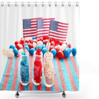 Personality  Glass Jars With Sweets And Little American Flags On White Background Shower Curtains
