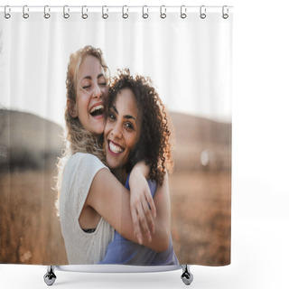 Personality  Happy Friends Embracing Each Other Countryside Shower Curtains