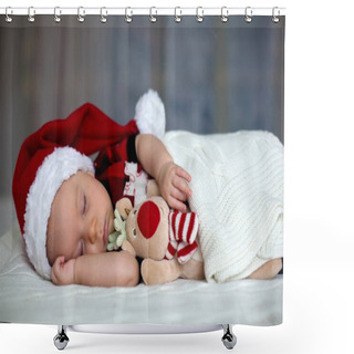 Personality  Little Sleeping Newborn Baby Boy, Wearing Santa Hat  Shower Curtains