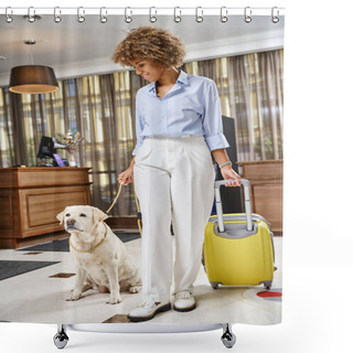Personality  Traveler With Her Labrador In A Pet-friendly Hotel Lobby, Smiling African American Woman With Dog Shower Curtains