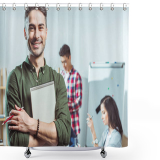 Personality  Handsome Smiling Student With Notebook  Shower Curtains