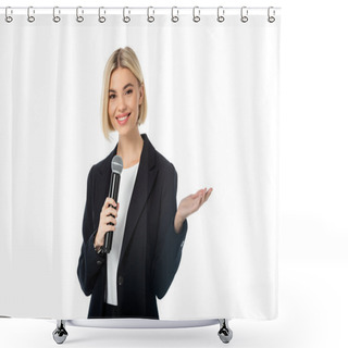 Personality  Happy Anchorwoman With Microphone Pointing With Hand Isolated On White Shower Curtains