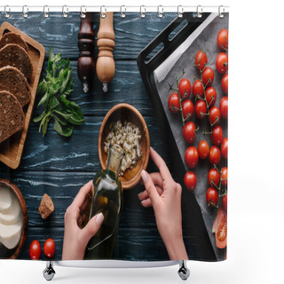 Personality  Cropped View Of Female Hands Adding Oil To Garlic On Dark Wooden Table With Tomatoes And Herbs Shower Curtains