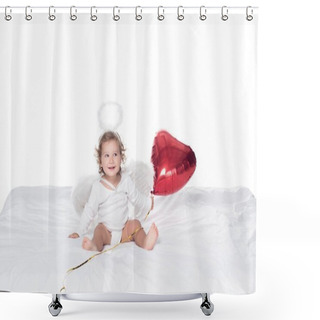 Personality  Little Angel With Wings And Nimbus Holding Red Heart Balloon, Isolated On White Shower Curtains
