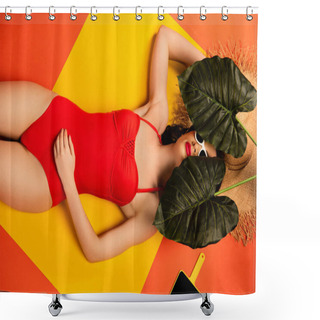 Personality  Top View Of Girl In Sunglasses And Swimsuit Lying Near Straw Hat, Green Palm Leaves And Mirror On Orange  Shower Curtains