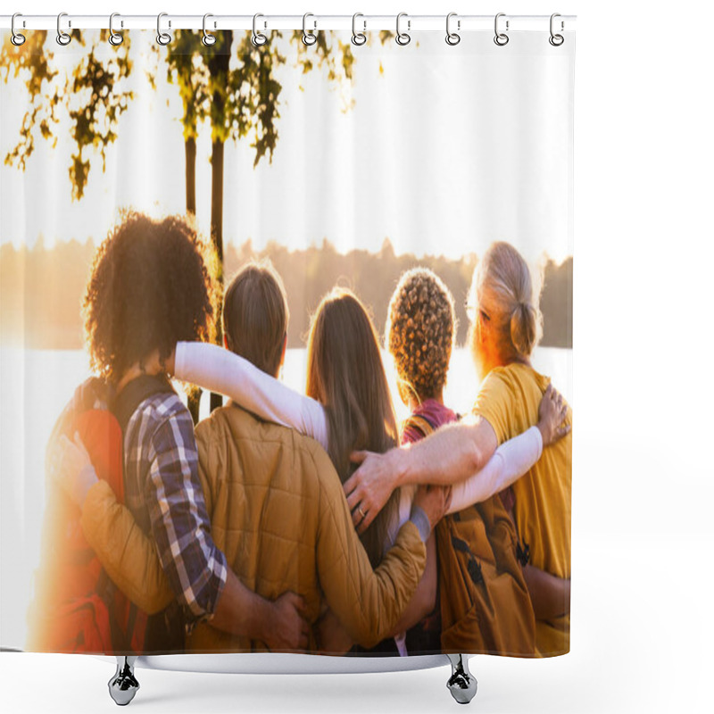 Personality  The Image Captures A Group Of Friends In A Close Embrace, Looking Out Over A Serene Lake As The Day Comes To An End. The Setting Sun Casts A Warm Glow Over The Scene, Symbolizing The Comfort And Shower Curtains