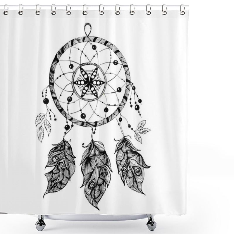 Personality  Indian Dream Catcher In A Sketch Style. Vector Illustration Isolated On White Background. Shower Curtains