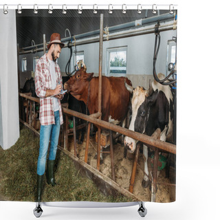 Personality  Farmer Taking Notes In Cowshed Shower Curtains